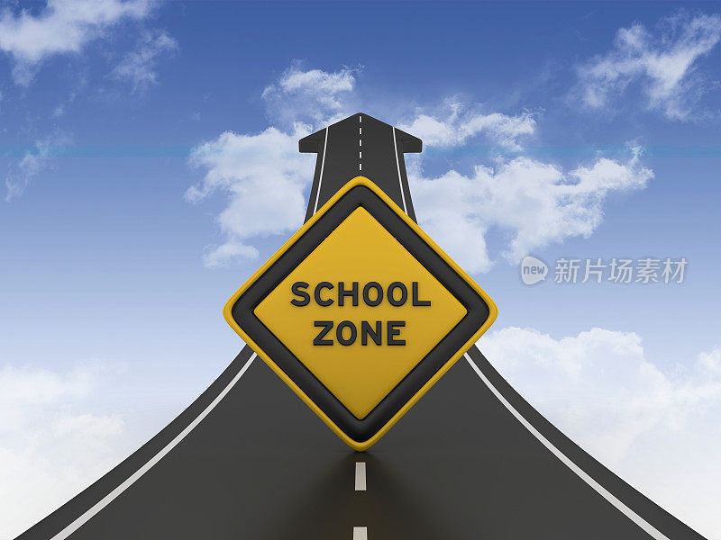 道路箭头与学校区域道路标志- 3D渲染